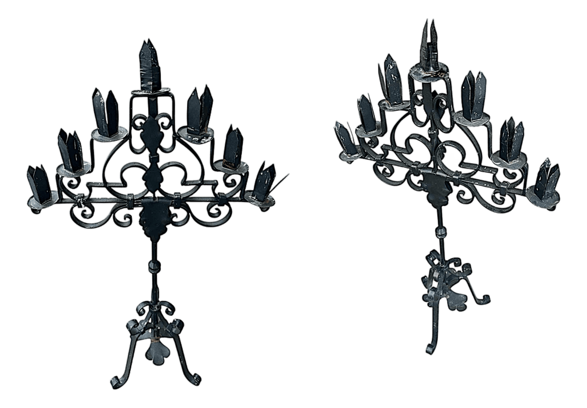 Spanish Vintage Iron 34" Tall Standing Candelabra - A Pair - Thumbnail 2
