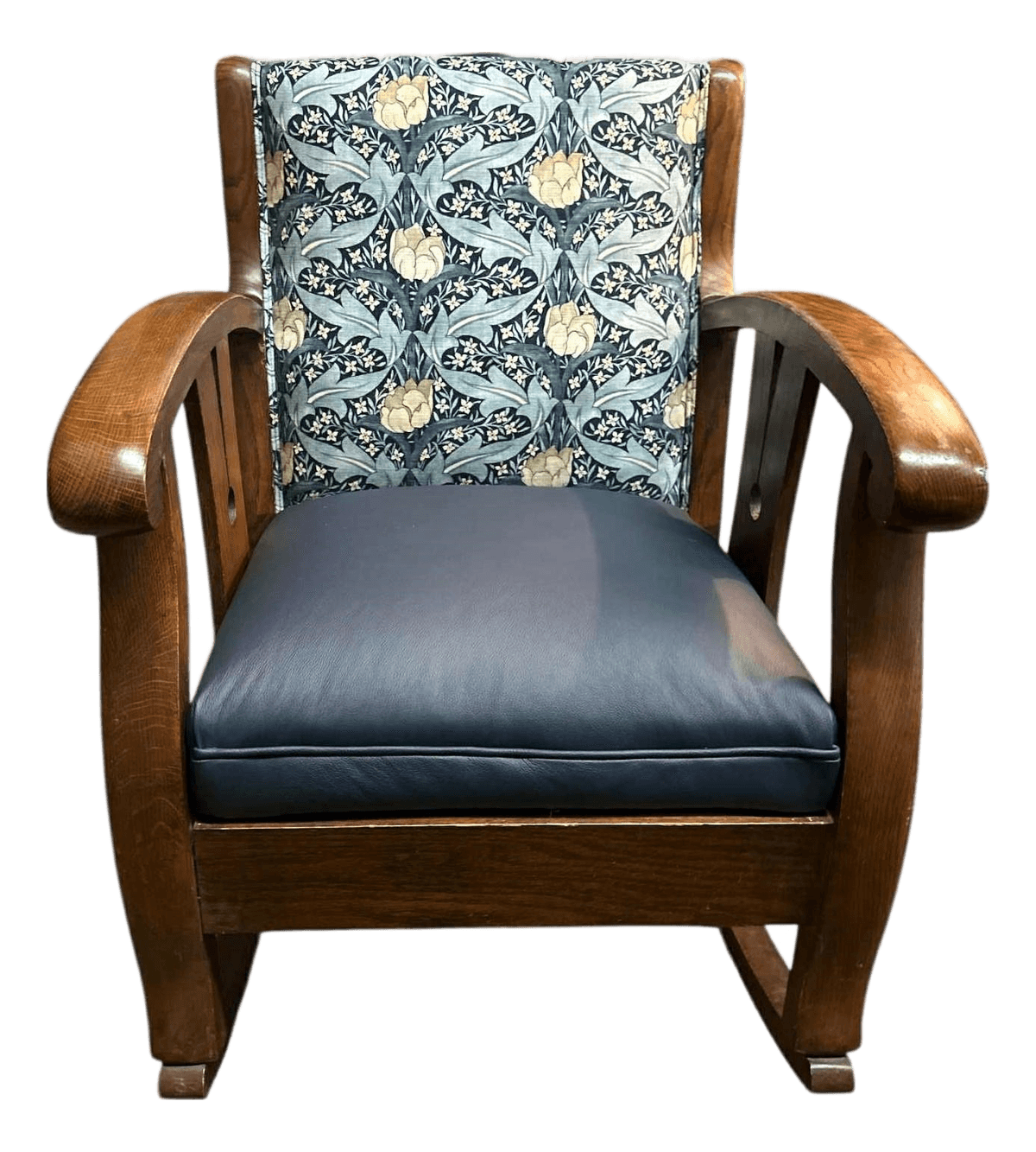 Late 19th Century Liberty & Co. Attributed Oak Rocking Chair With New G. P. & J. Baker Indigo and Ivory Linen and Indigo Leather - Thumbnail 2