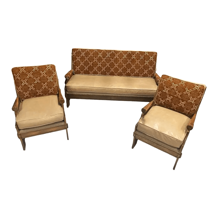 Romweber Viking Oak Sofa With Two Chairs - Upholstered With Artisanal African Textile and Leather - Vintage Mid 20th Century - Thumbnail 2