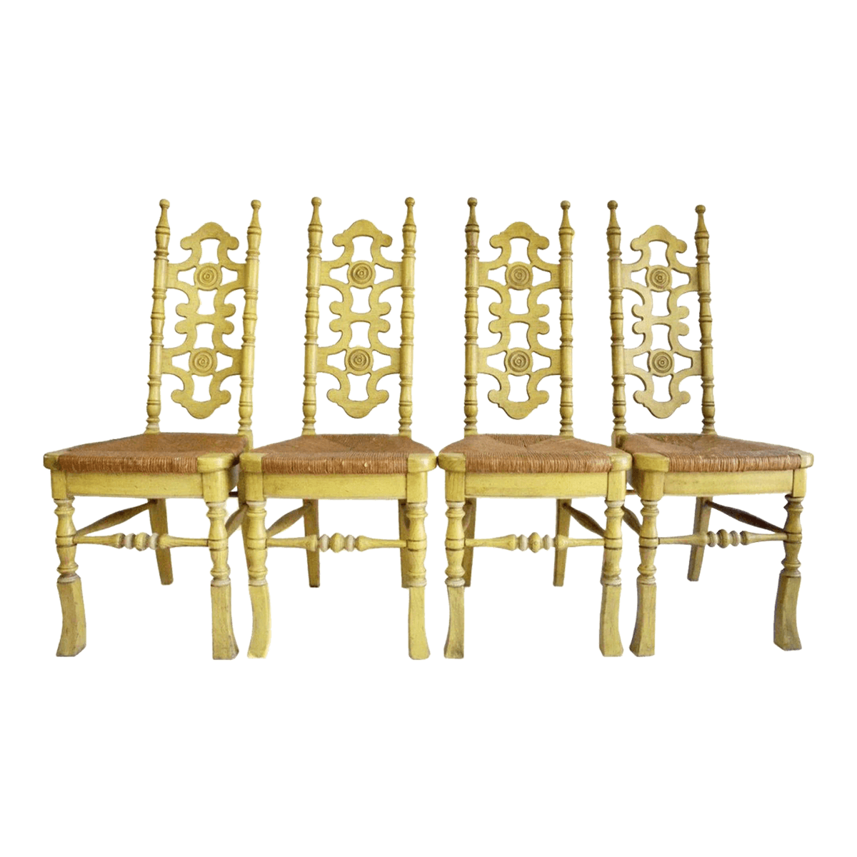 Thomasville Mid-Century Vintage Spanish Revival Oak Dining Chairs With Rush Seats and Distressed Yellow Paint - Set of 4 - Thumbnail 2