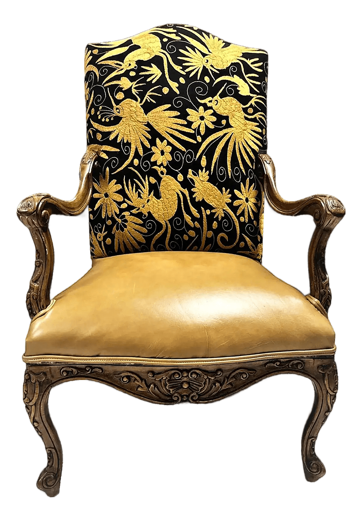 Late 20th Century Empress Carlota' Louis XV Large Fauteuil - Carved Walnut Reupholstered With Otomi Hand Embroidery and Leather - Thumbnail 2