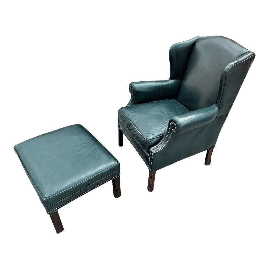 Leather Chair and Ottoman Set in Dark Green - Vintage Late 20th Century - Thumbnail 2