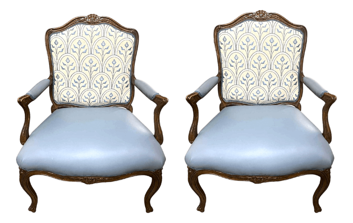Mid 20th Century Schoonbeck of Grand Rapids Louis XV Oak Fauteuils With New Leather and Embroidery Upholstery - A Pair - Thumbnail 2