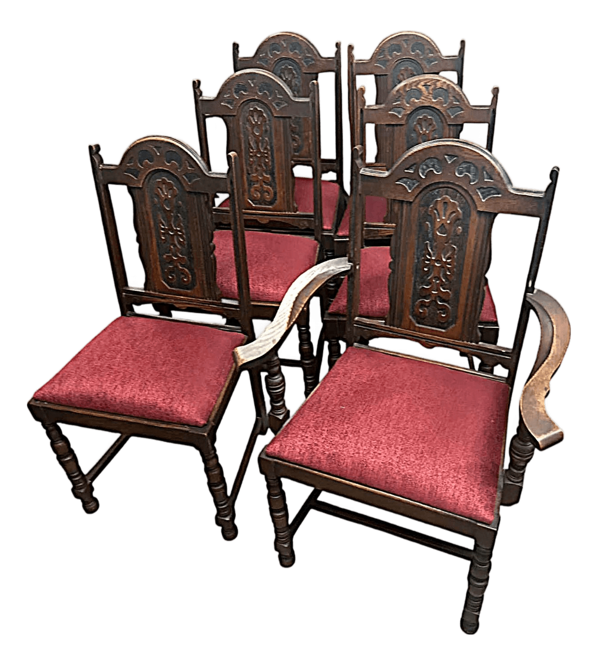 Antique 1920s Spanish Revival Oak Dining Chairs With New Burgundy Seat Upholstery - Set of 6 - Thumbnail 2