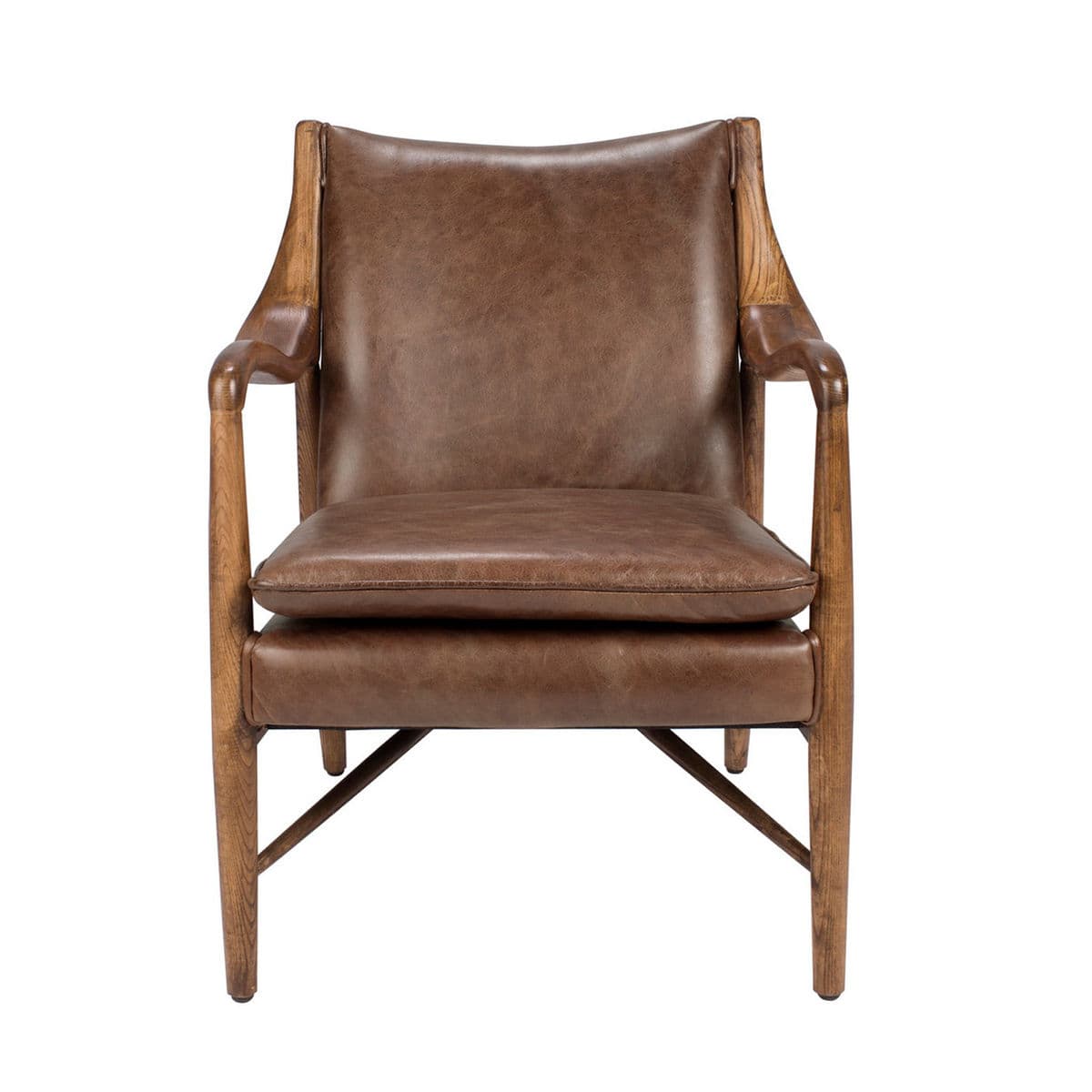 Deco Brown Leather & Wood Chair - Thumbnail 2