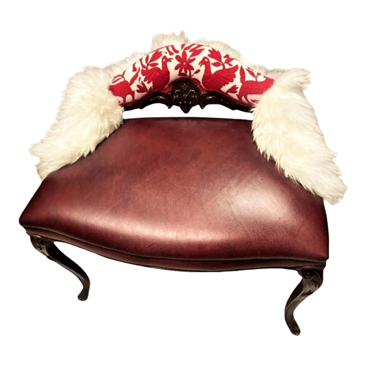 Antique Louis XV Vanity Bench With New Otomi Embroidery, Sheepskin and Leather Upholstery - Thumbnail 2