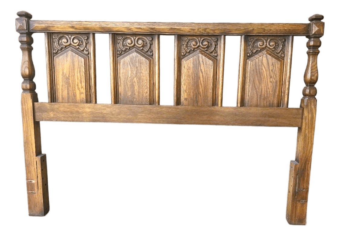 Spanish Colonial Revival Vintage Carved Solid Oak Queen Size Headboard Crafted in North Carolina by United Furniture - Thumbnail 2