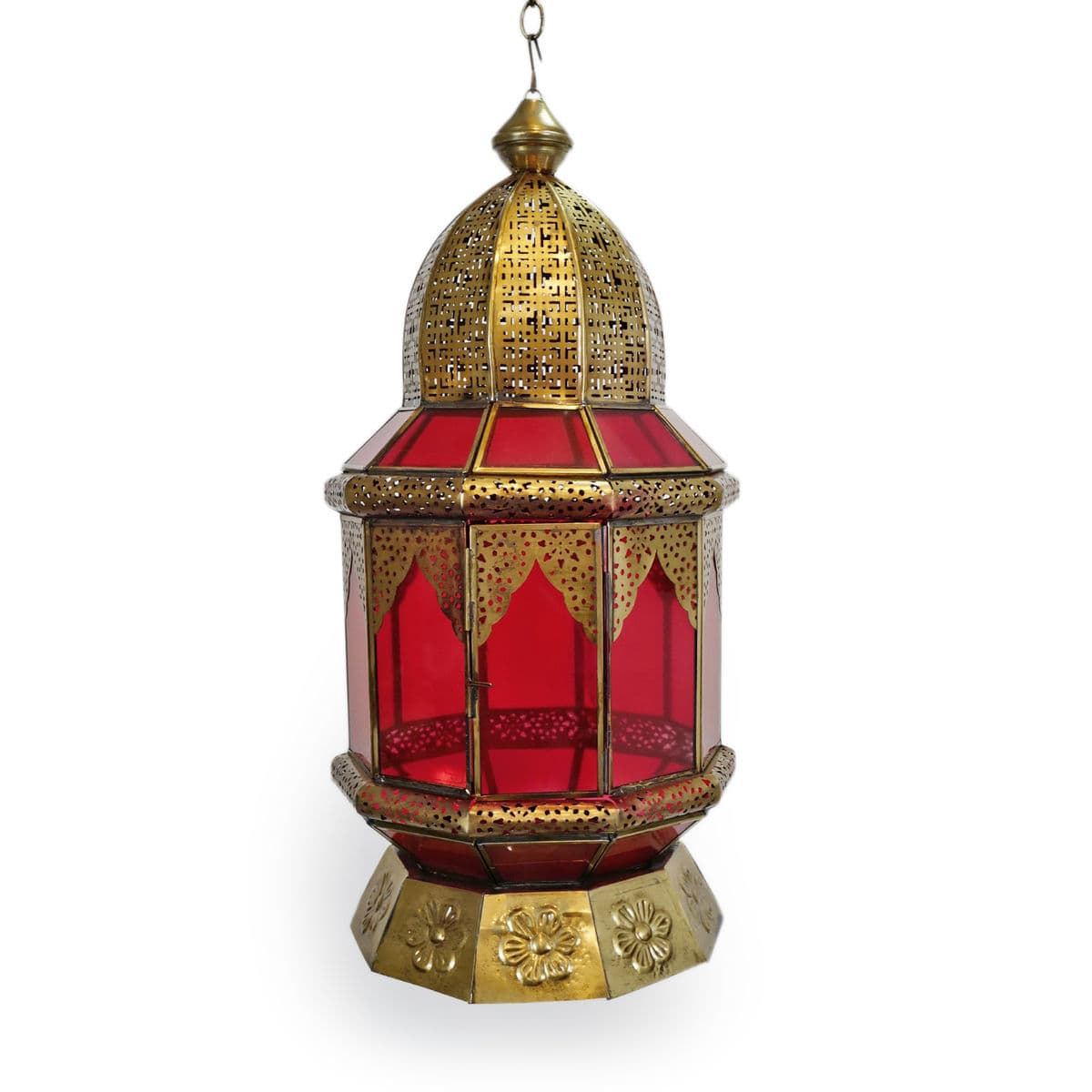 Moorish Brass & Red Glass Lantern - Thumbnail 2
