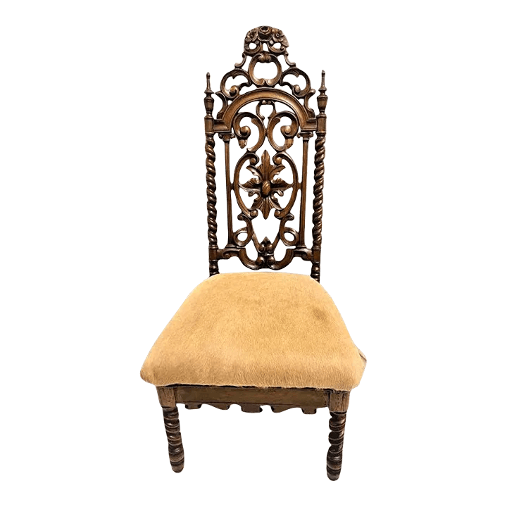 Late 19th Century Carved Rosewood Renaissance Revival Chair With Hair-On Cowhide Seat Upholstery - Thumbnail 2