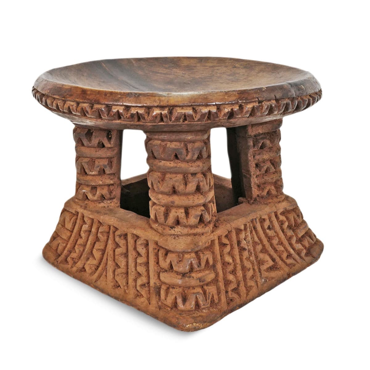 Vintage Round Zig-Zag Bamileke Stool - Thumbnail 2