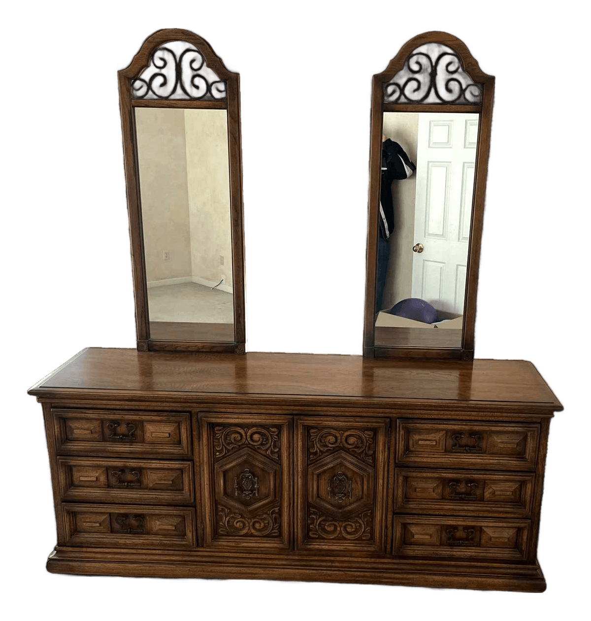 Spanish Revival Vintage Carved Solid Oak Triple Dresser With Mirrors Crafted in North Carolina by United Furniture - Thumbnail 2