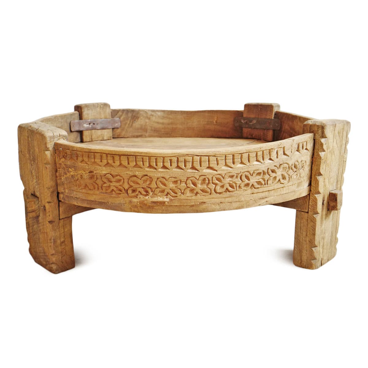 Vintage Chakki Grinder Wood Ottoman - Thumbnail 2