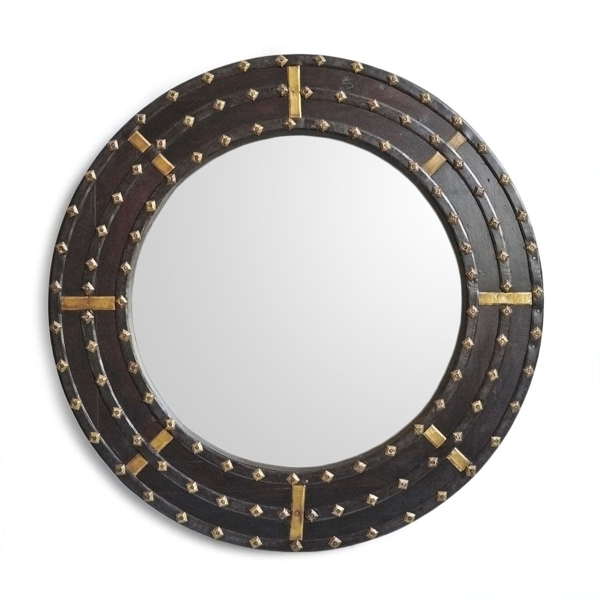 Round Ox Cart Wood & Brass Mirror - Thumbnail 2