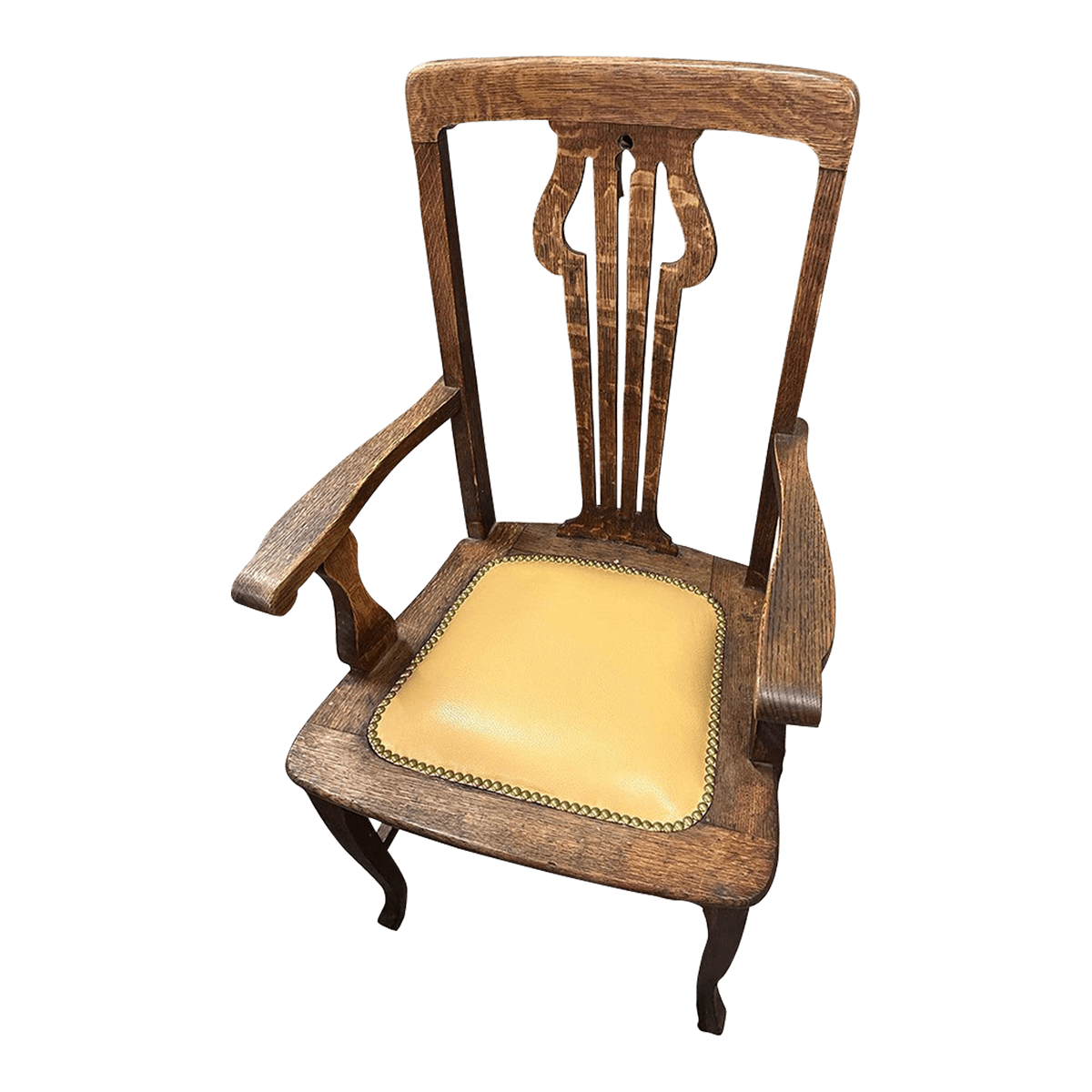 Antique English Liberty and Wyburd Attributed Arts & Crafts Quarter Sawn Oak Arm Chair With New Leather Seat Upholstery - Thumbnail 2