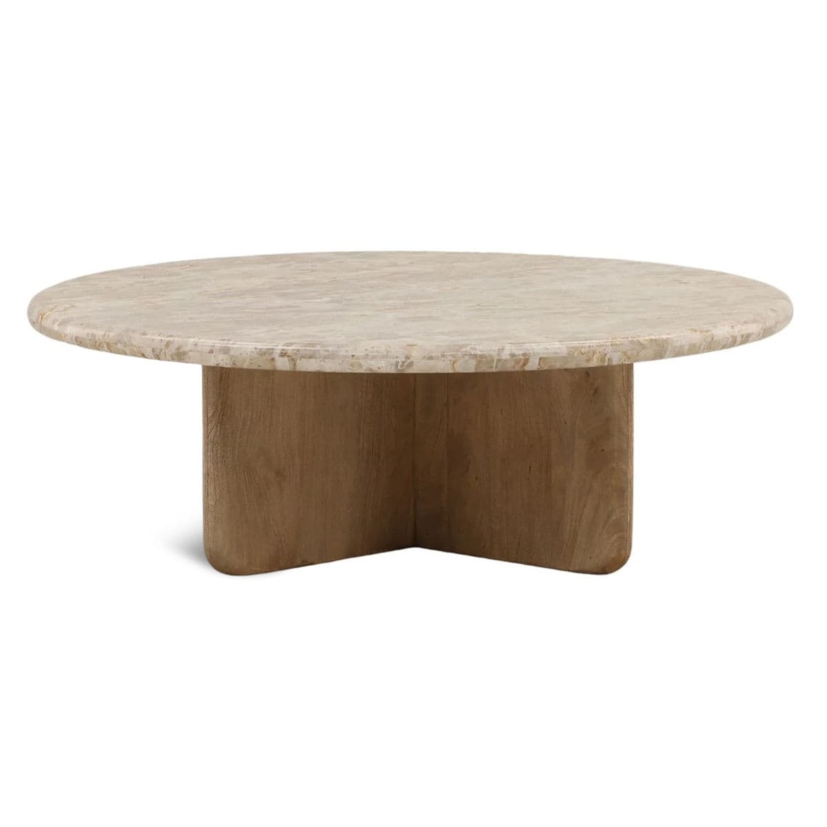 Beige Marble & Wood Round Coffee Table - Thumbnail 2