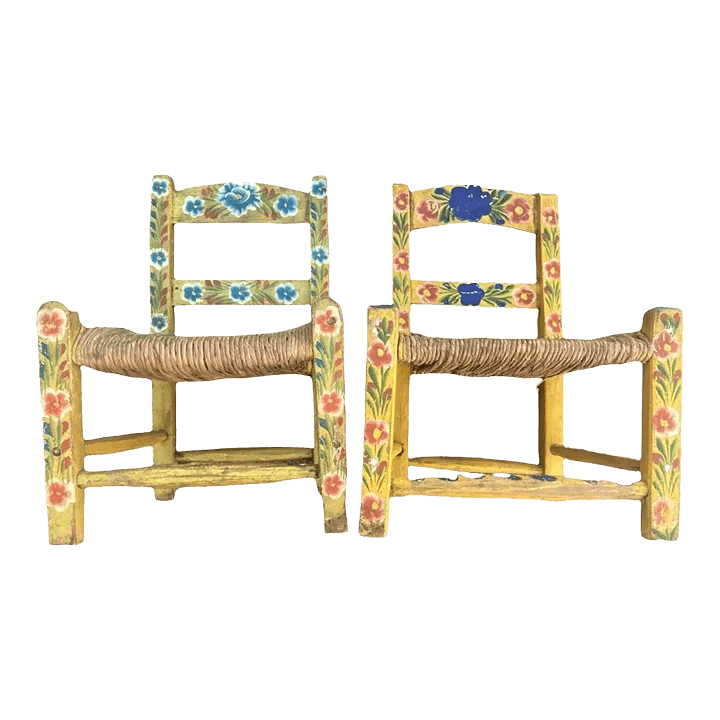 Vintage Mexican Doll's Chairs - Hand Painted With Rush Seats - Mid 20th Century - Thumbnail 2