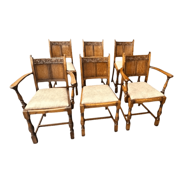 19th Century Antique English Arts & Crafts Oak Dining Chairs With New Leather Seats - Set of 6 - Thumbnail 2