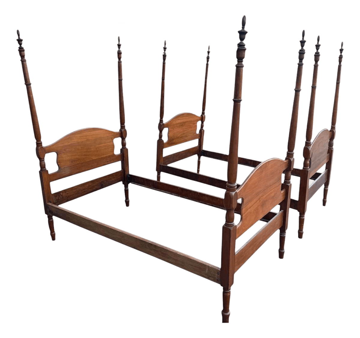 Pair of 19th Century Antique Solid Cherry Wood Four Poster Twin Beds - English Traditional Style - Thumbnail 2