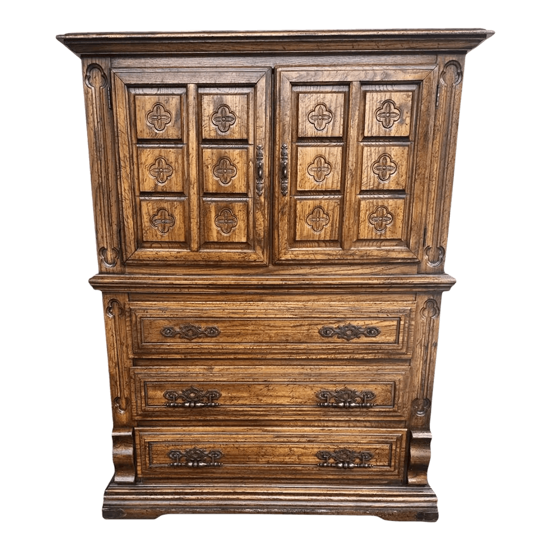 Spanish Revival Oak Armoire or Liquor Cabinet - Vintage Circa 1970s - Thumbnail 2