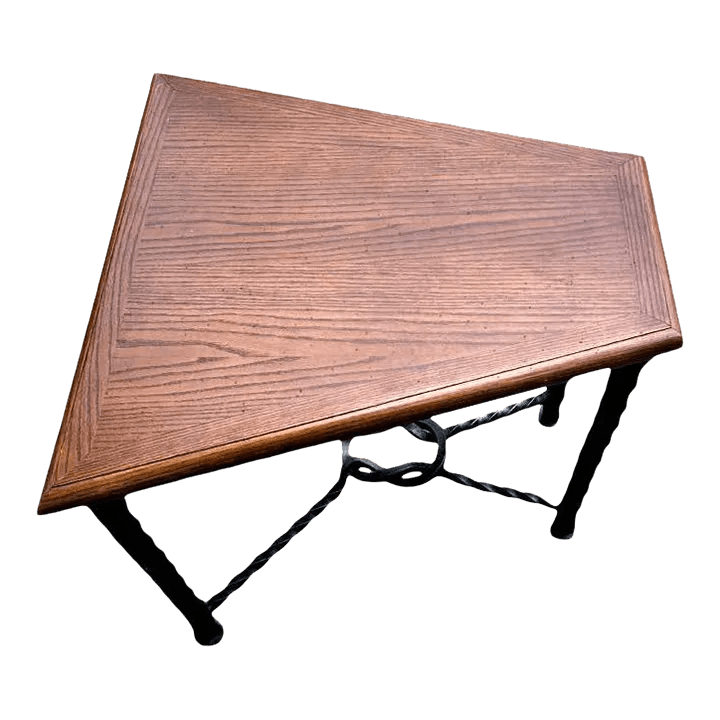 Mid 20th Century Trapezoid Oak and Wrought Iron Side Table - Thumbnail 2
