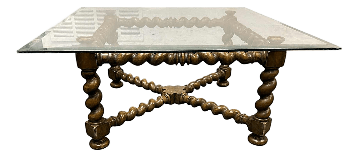 Baker Furniture Collectors Edition Barley Twist Oak Glass Top Coffee Table - Vintage Mid 20th Century - Thumbnail 2