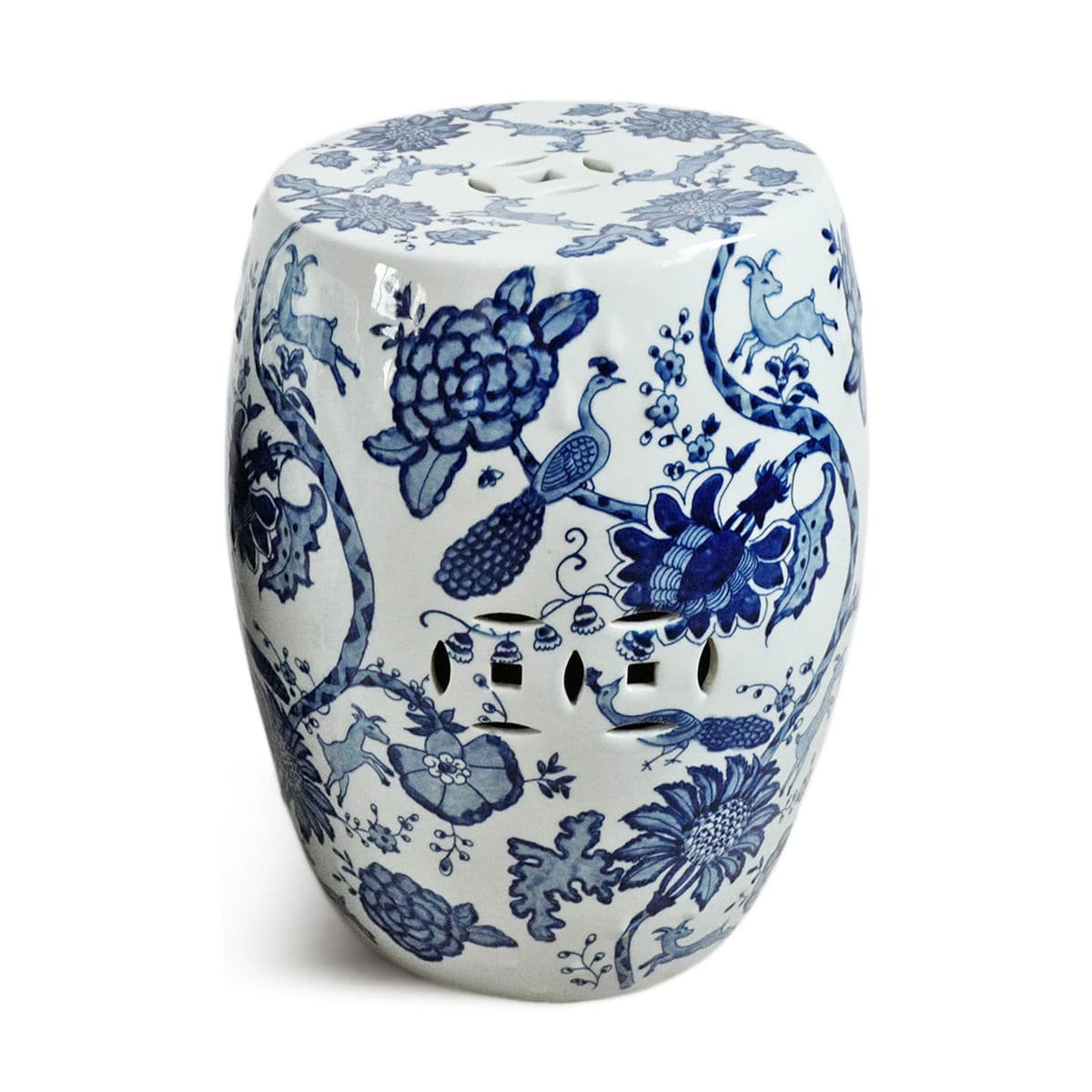 Indigo Blue Floral Bird Ceramic Stool - Thumbnail 2