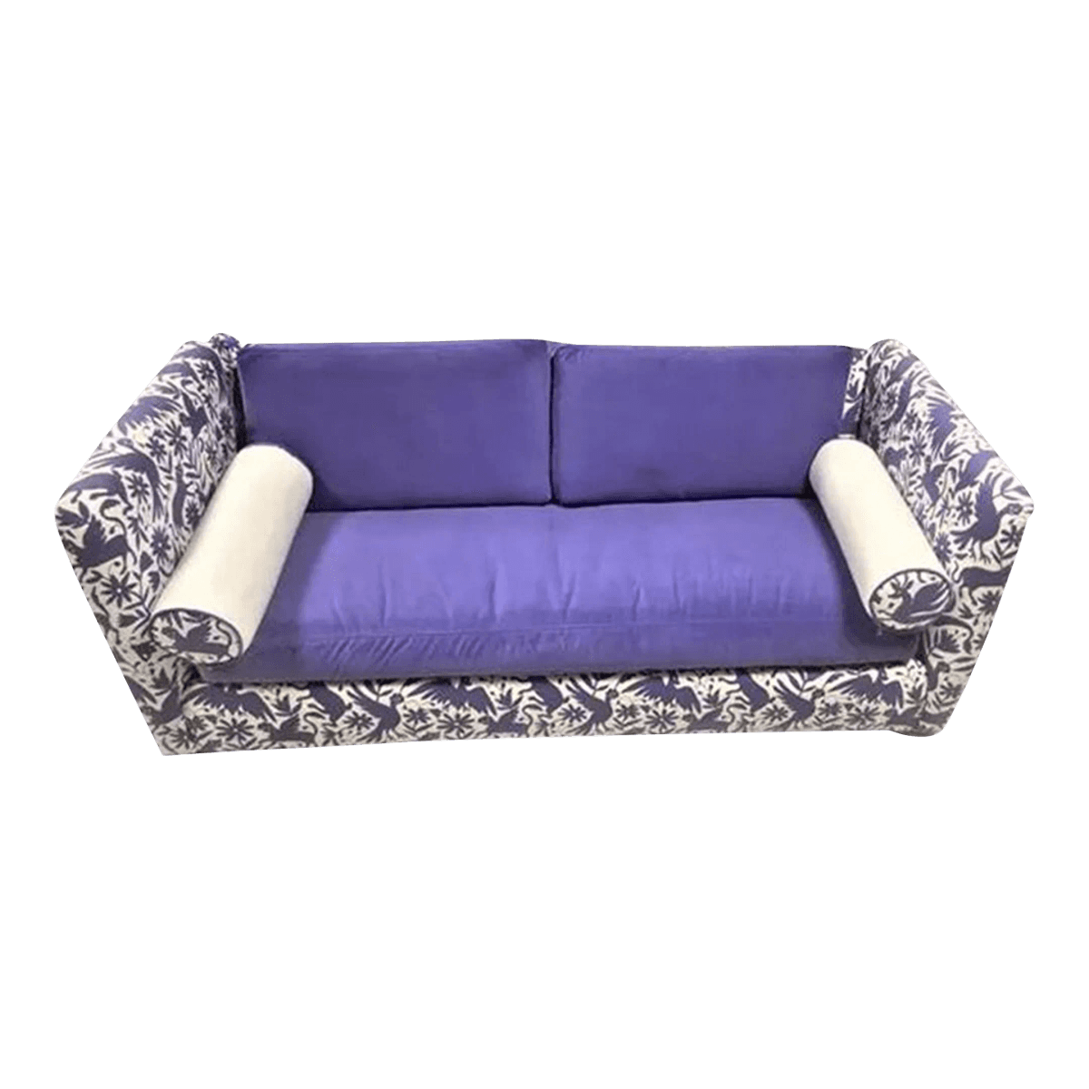 Otomi Print and Velvet Upholstery on Large Mid 20th Century Vintage Hollywood Regency Tuxedo Sofa - Thumbnail 2