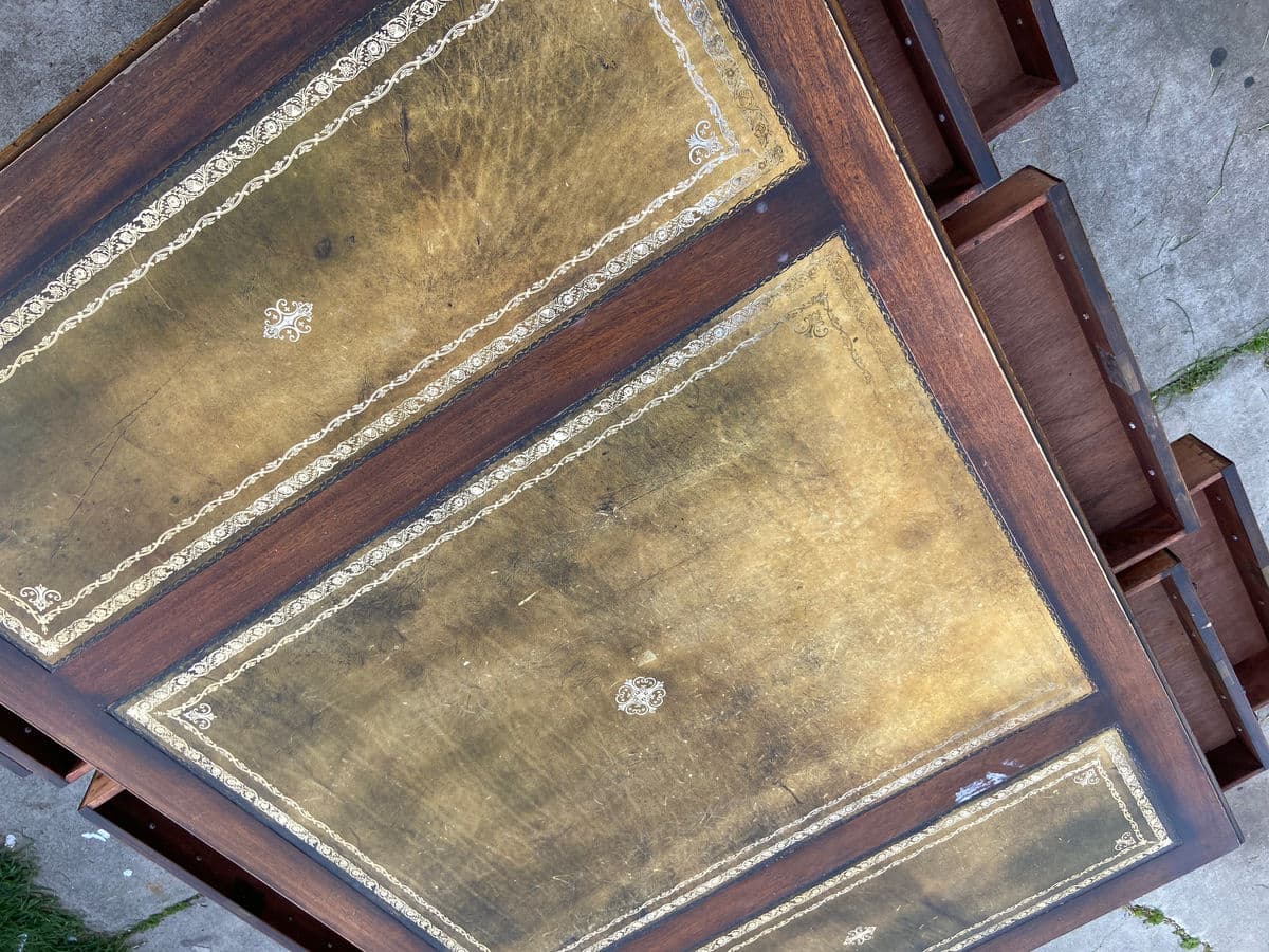 1920s Antique English Leather Top and Claw Feet Partners Writing Desk. - Thumbnail 11