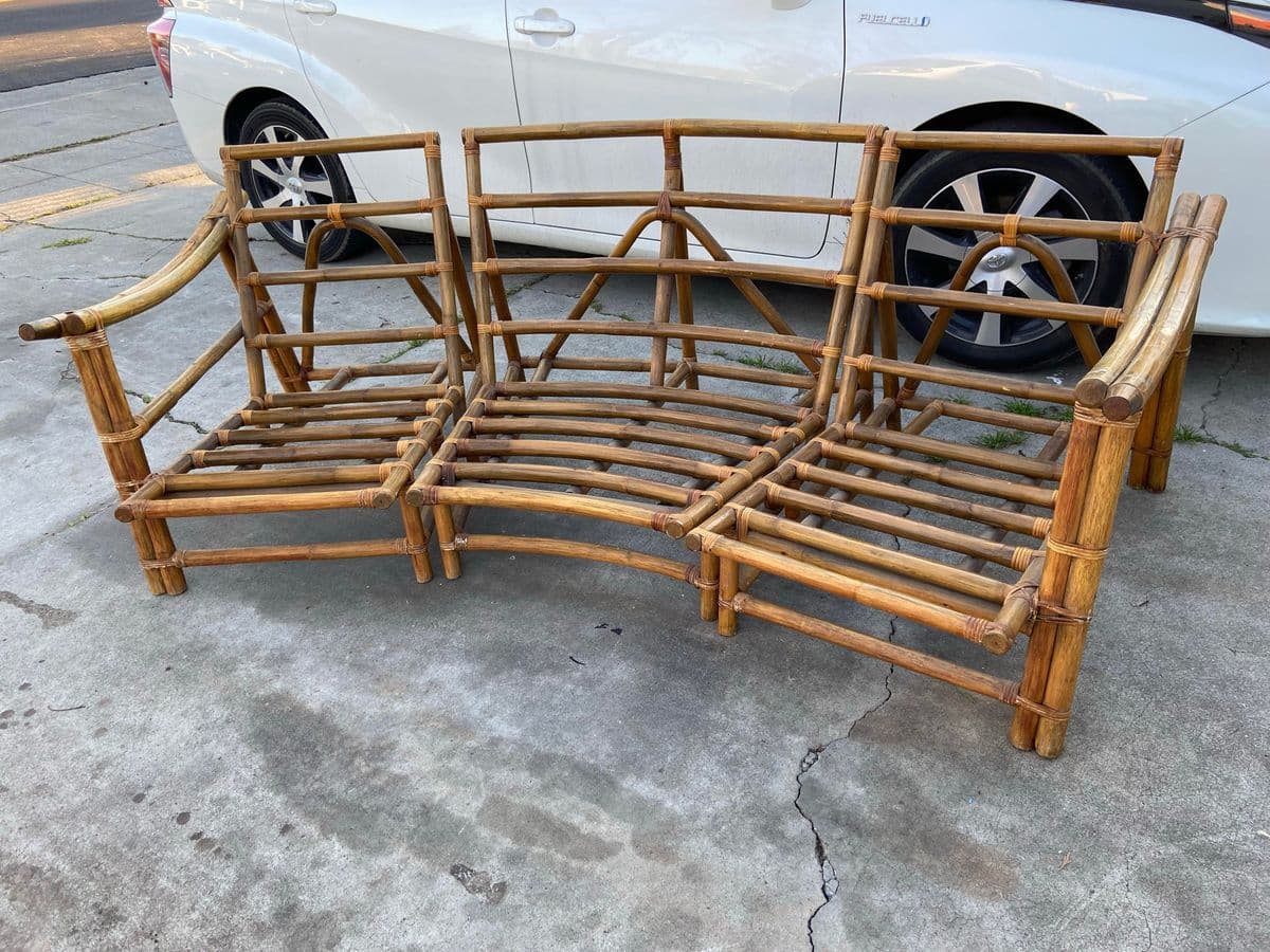 1970s Vintage Mid Century Modern Bamboo Rattan Sofa & Ottoman Frames - Thumbnail 11