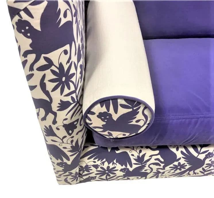 Otomi Print and Velvet Upholstery on Large Mid 20th Century Vintage Hollywood Regency Tuxedo Sofa - Thumbnail 12