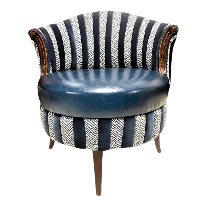 Mid 20th Century Round Accent Chair Reupholstered With Blue Velvet and Greek Key Fabric - Thumbnail 12