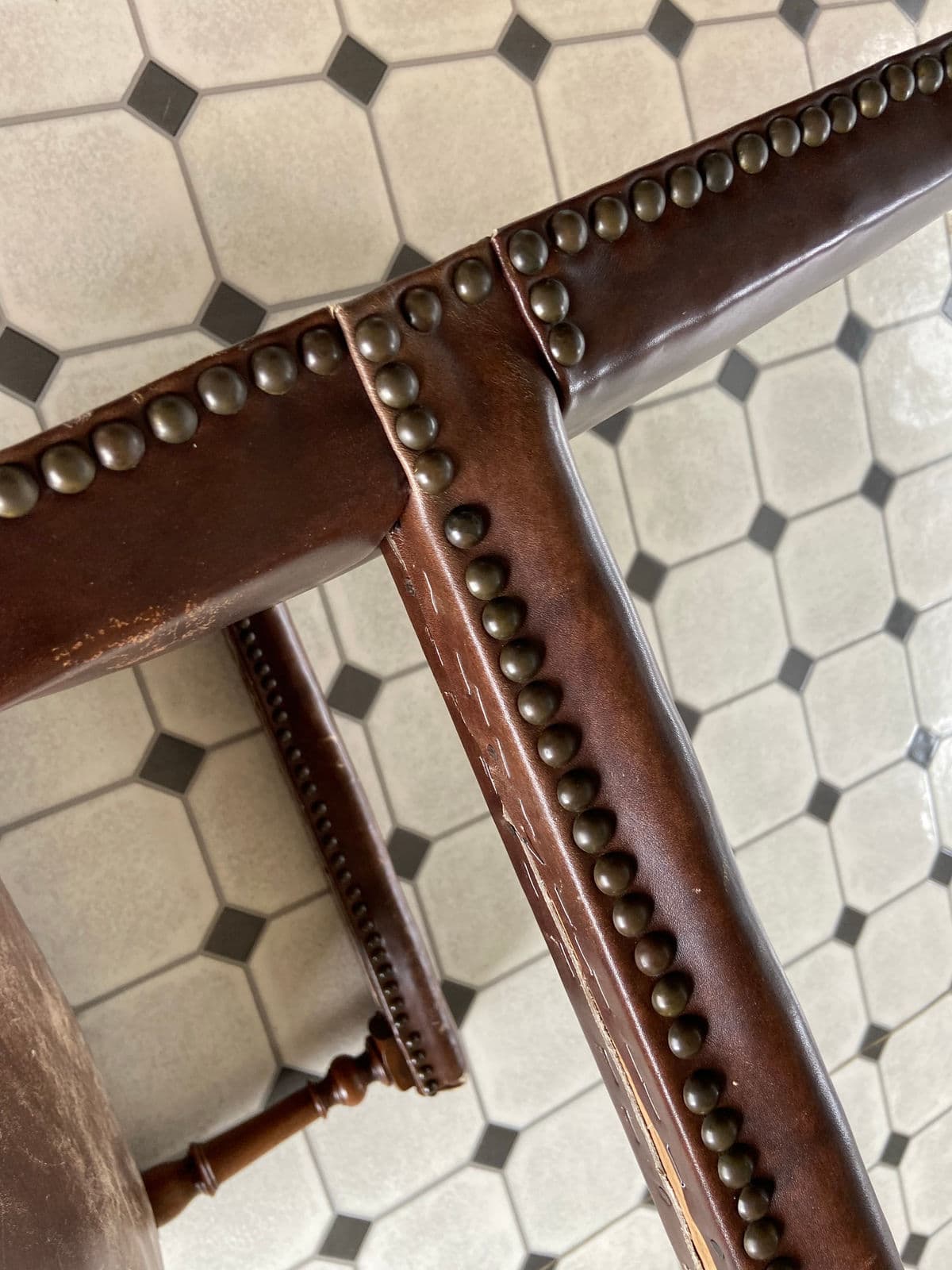 Antique High Back Carved Wood Leather Chair - Thumbnail 12