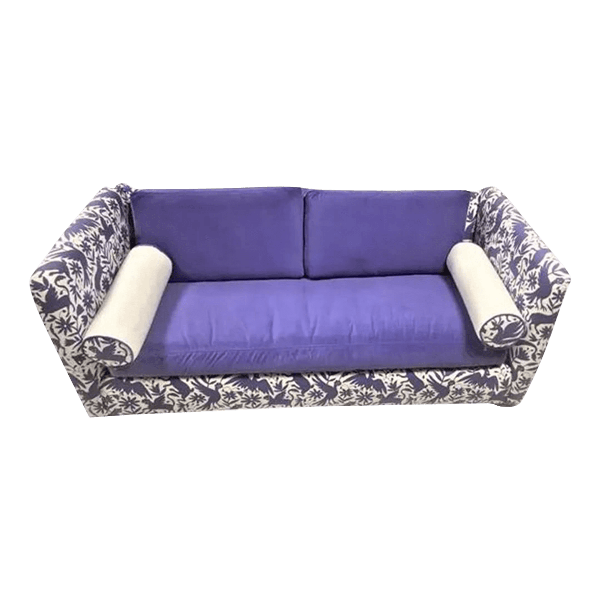 Otomi Print and Velvet Upholstery on Large Mid 20th Century Vintage Hollywood Regency Tuxedo Sofa - Thumbnail 13