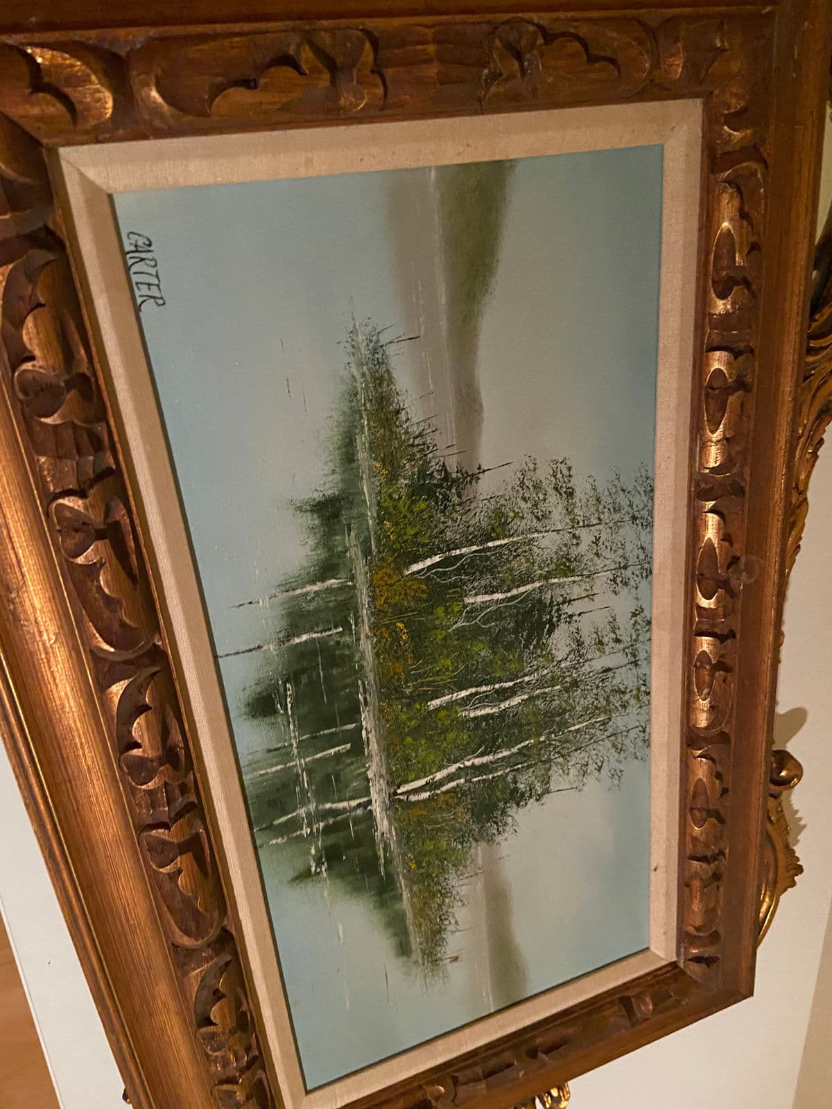 1960s Lake Scene with Trees Original Oil Painting on Canvas Signed Carter, Framed - Thumbnail 12