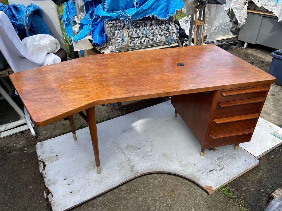 1960s Vintage Mid Century Modern Boomerang Walnut Desk - Thumbnail 13