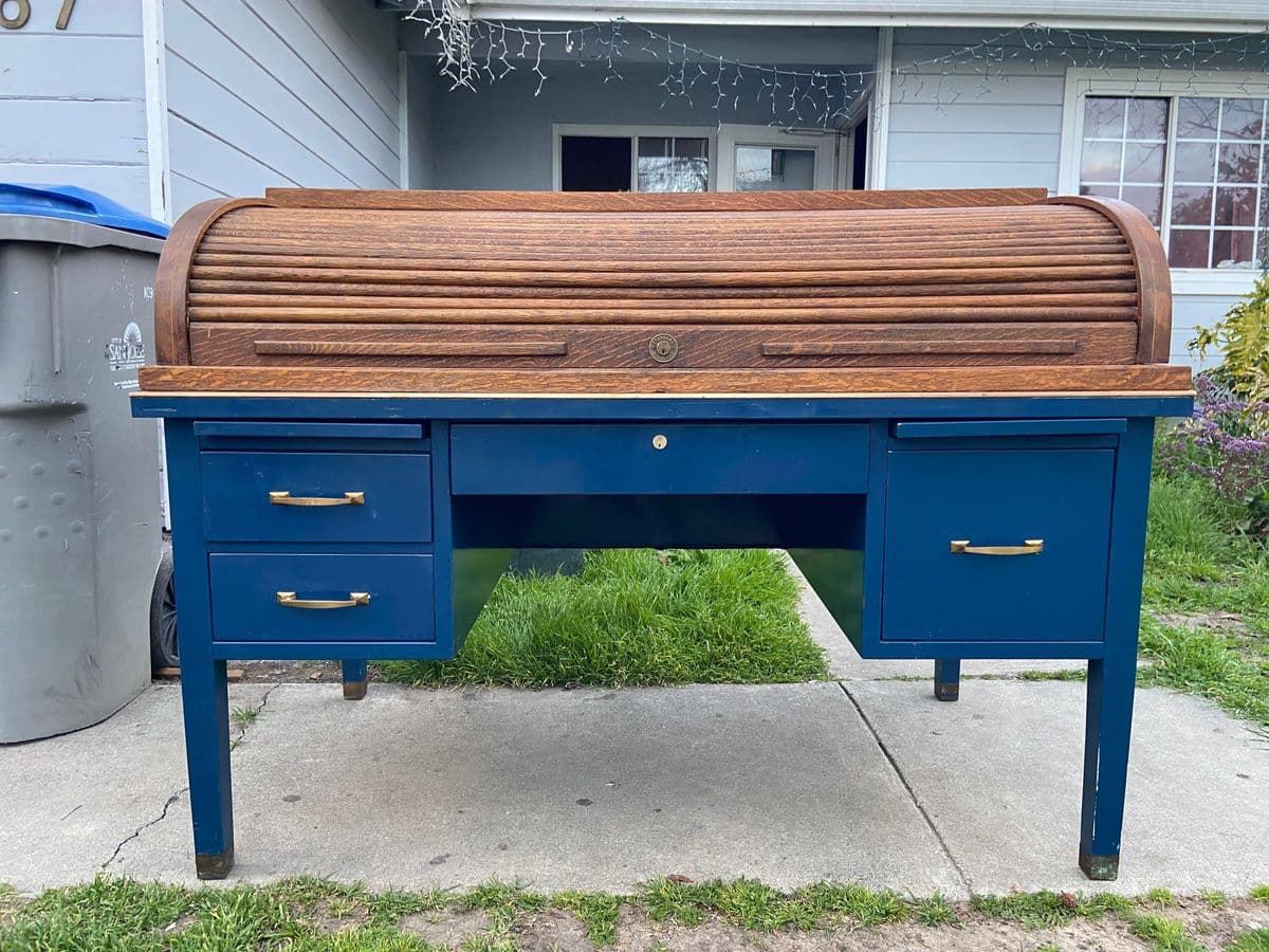 1920s Antique Tiger Oak Roll Top Metal Desk - Thumbnail 13