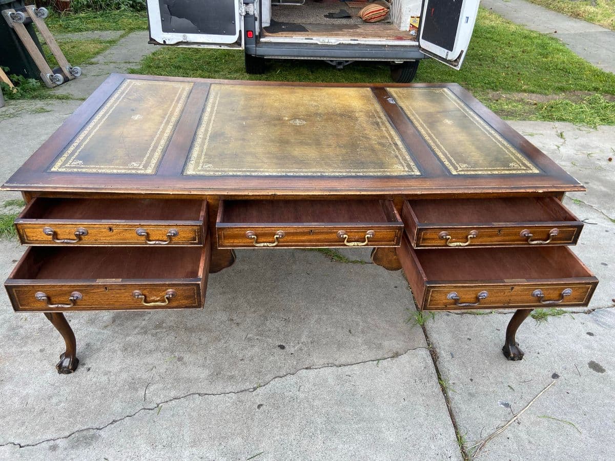 1920s Antique English Leather Top and Claw Feet Partners Writing Desk. - Thumbnail 13
