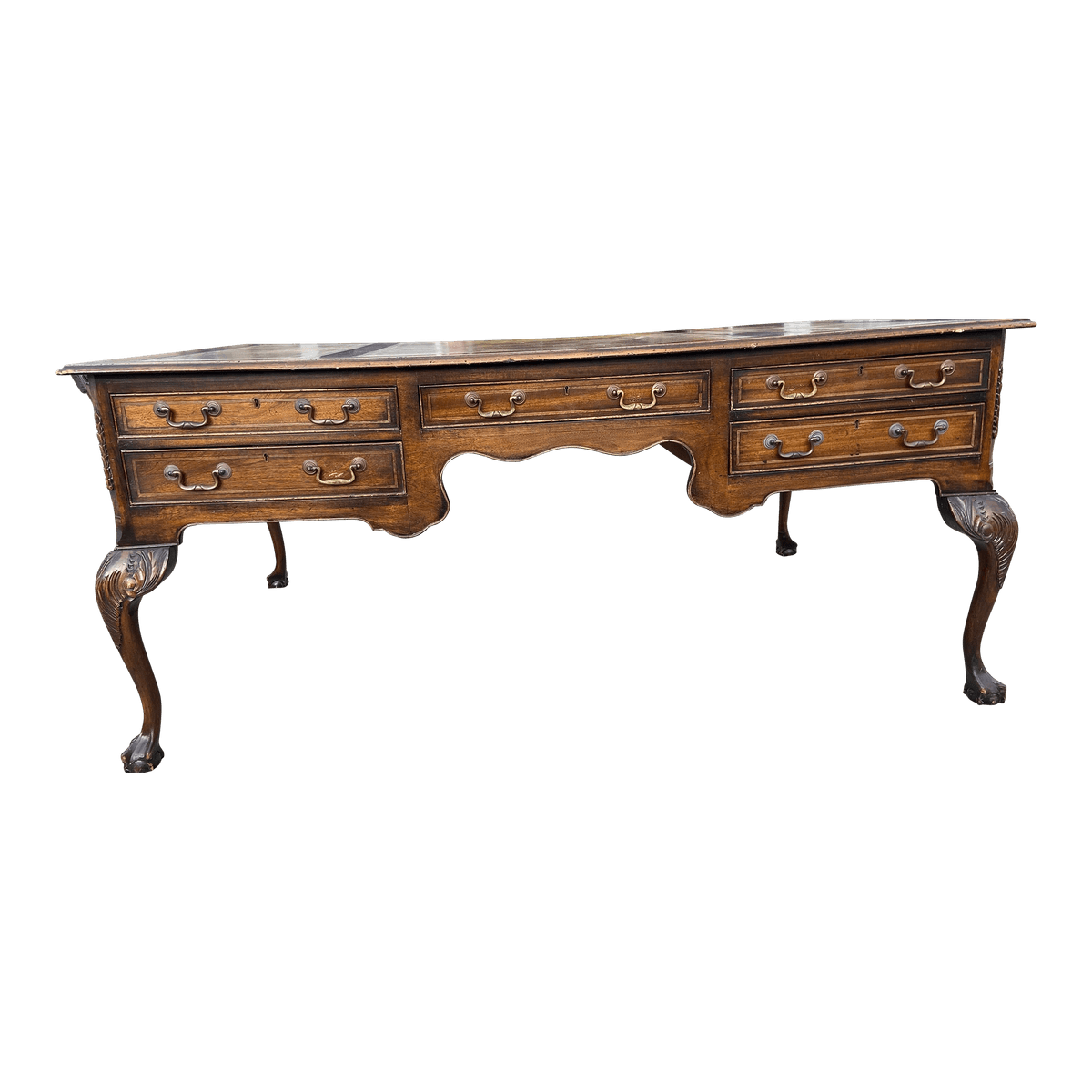 1920s Antique English Leather Top and Claw Feet Partners Writing Desk. - Thumbnail 14