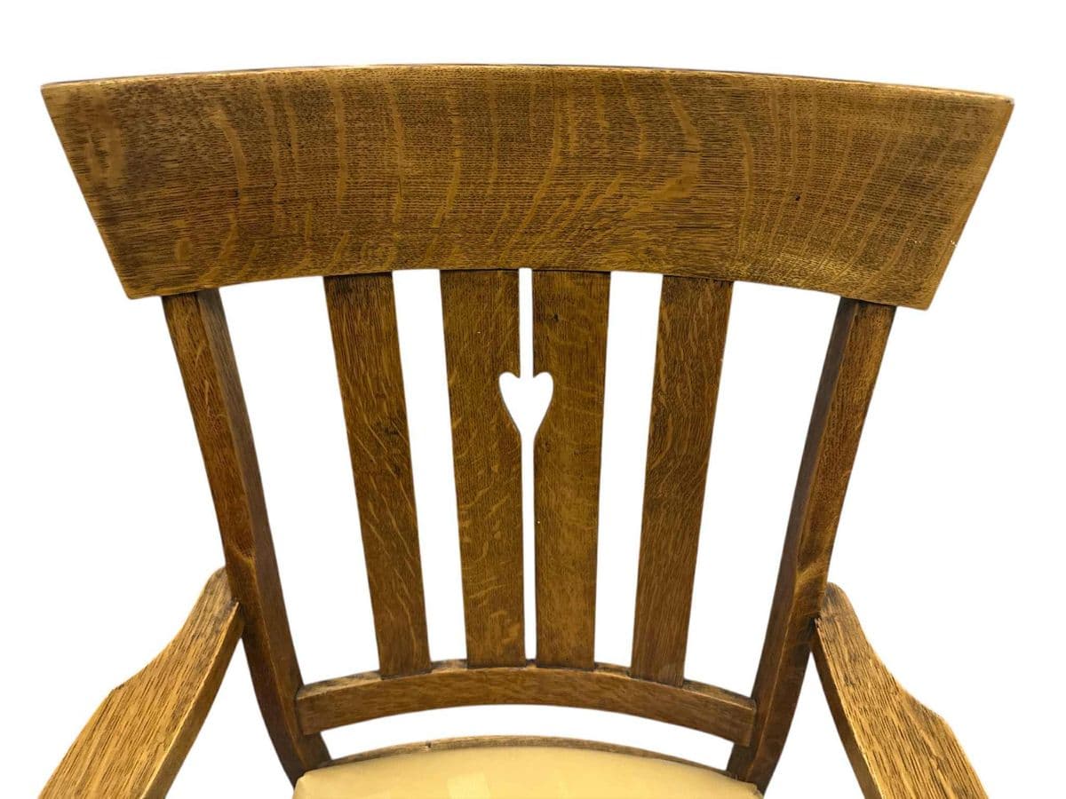 Antique Arts and Crafts Quarter Sawn Oak Rocking Chair With Heart Cutout and New Mustard Leather Seat - Circa 1905 - Thumbnail 3