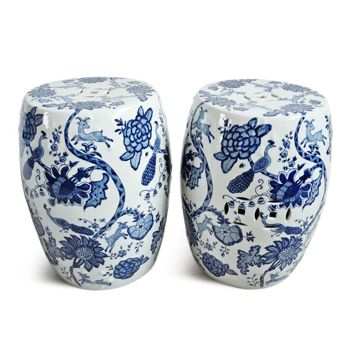 Indigo Blue Floral Bird Ceramic Stool - Thumbnail 3