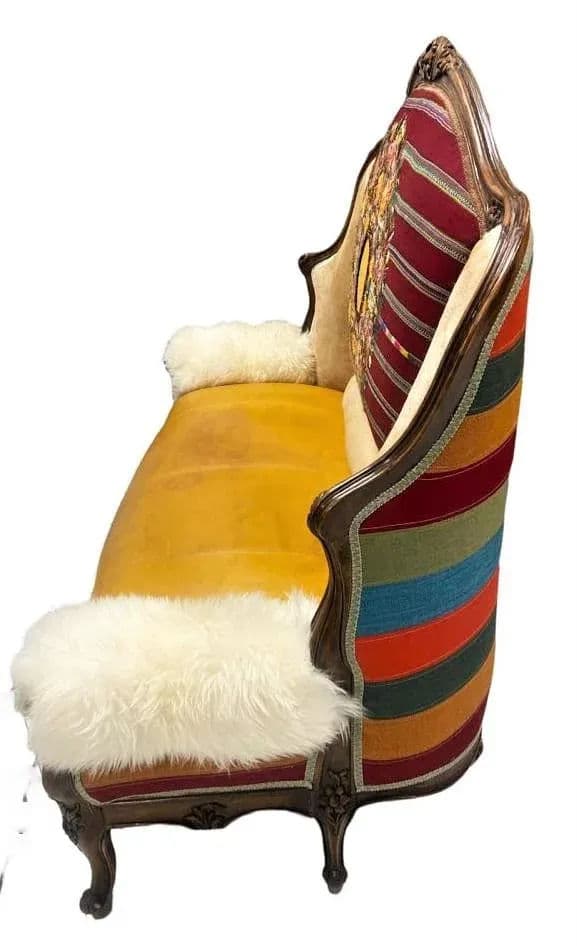 Late 19th Century French Settee With Guatemalan Hand Embroidery, Cowhide and Sheepskin - Thumbnail 3