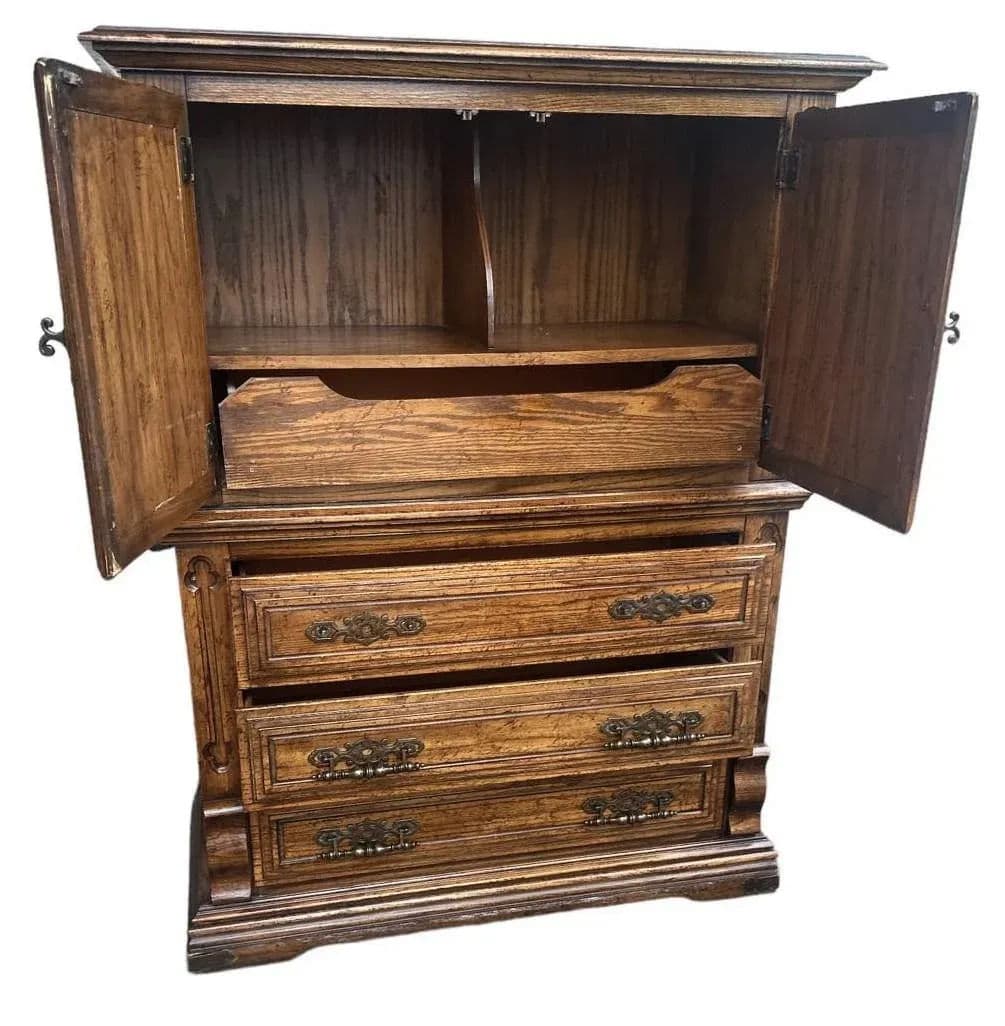 Spanish Revival Oak Armoire or Liquor Cabinet - Vintage Circa 1970s - Thumbnail 3