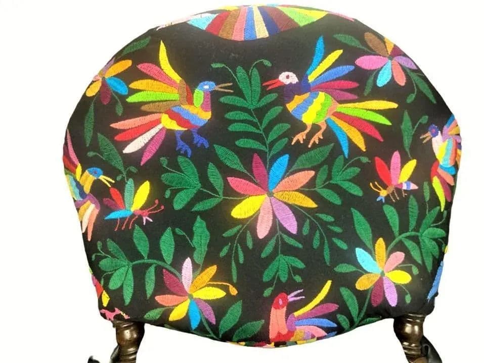 Set of 2 Ornate Spanish Revival Fauteuils With New Otomi Embroidery and Leather Upholstery - Early 20th Century Antiques - Thumbnail 3