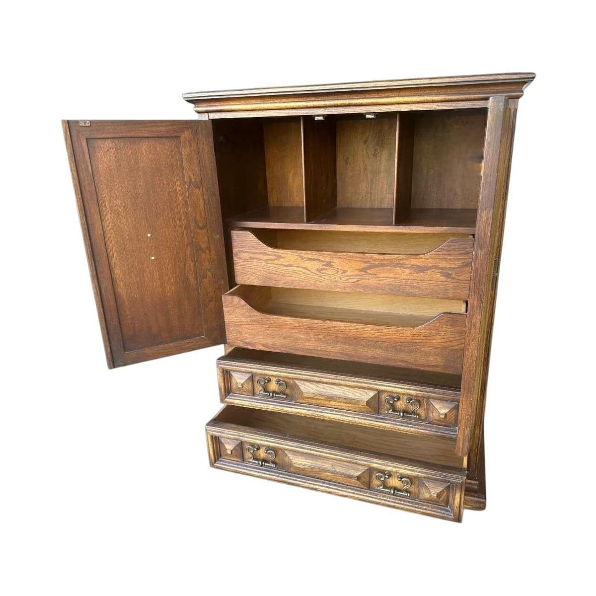 Spanish Colonial Revival Vintage Carved Solid Oak Gentleman's Chest or Armoire Crafted in North Carolina by United Furniture - Thumbnail 3