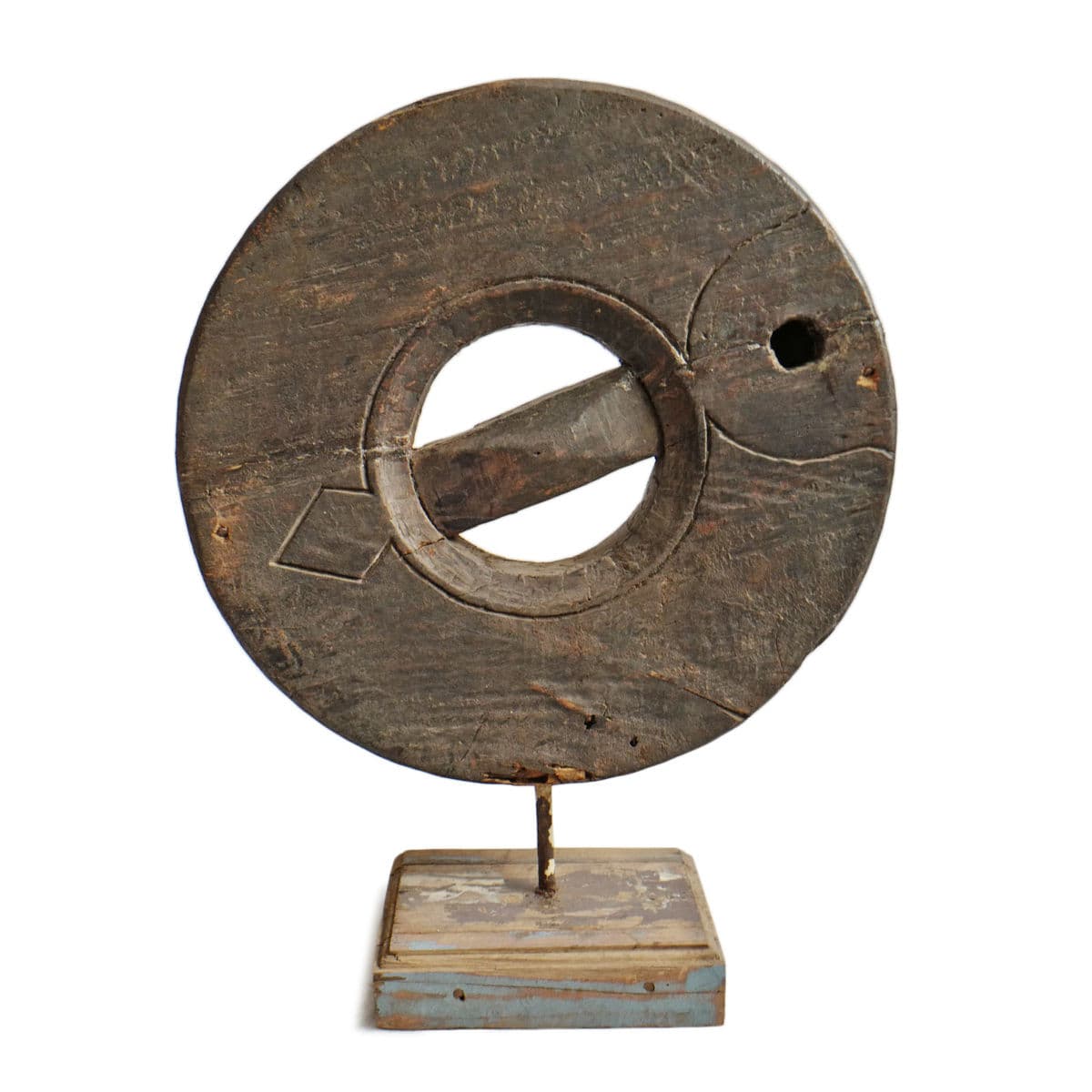 Antique Wood Grinder Wheel on Stand - Thumbnail 3