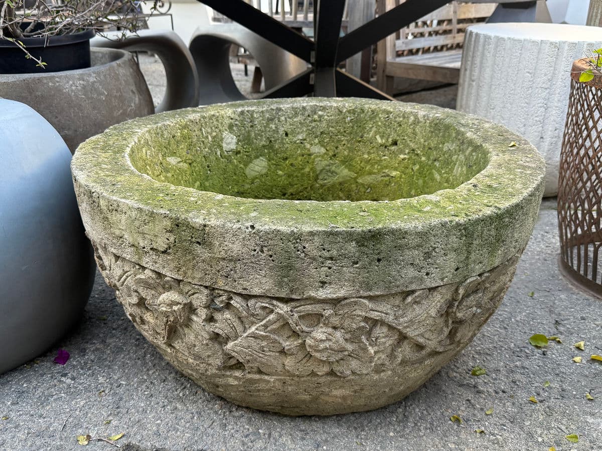 Stone Cement Carved Planter Bowl - Thumbnail 3