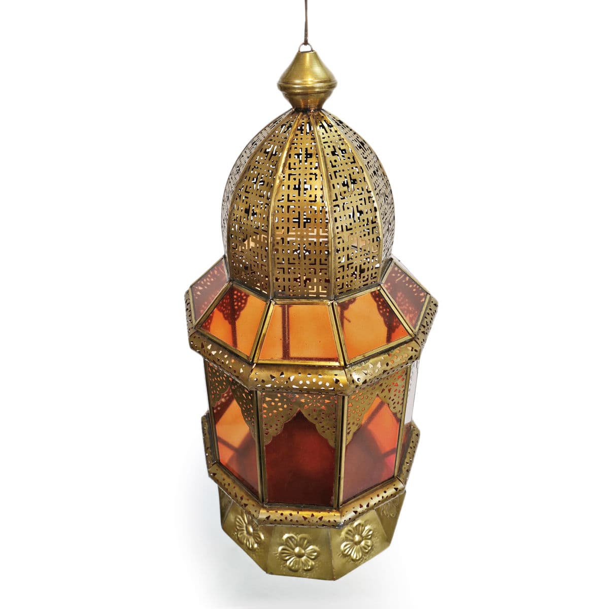 Moorish Brass & Orange Glass Lantern - Thumbnail 3