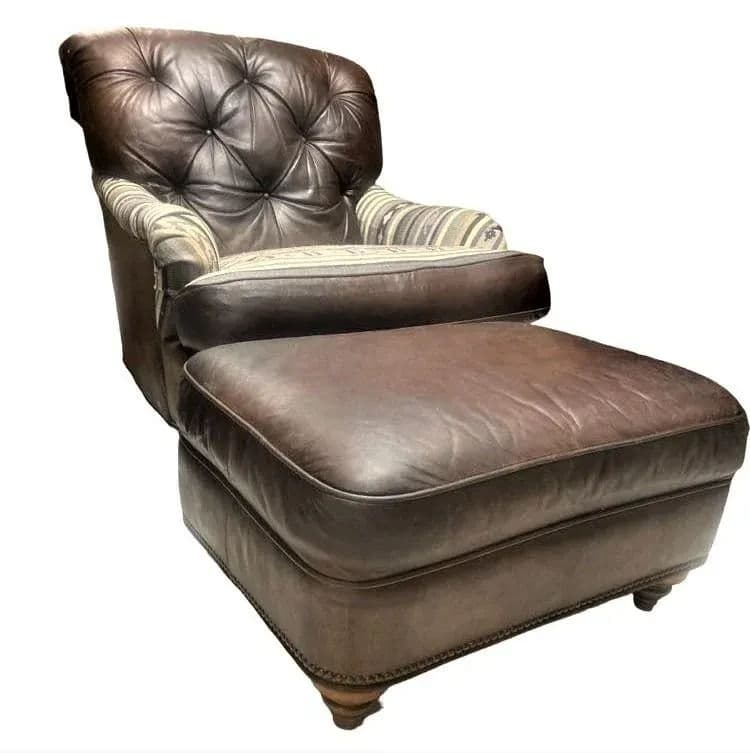 Vintage Chesterfield Leather Writer's Chair and Ottoman With Oriental Tapestry Details - Thumbnail 3