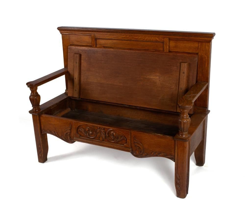 Antique Edwardian Carved High Back Monk's Bench With Storage - Thumbnail 3