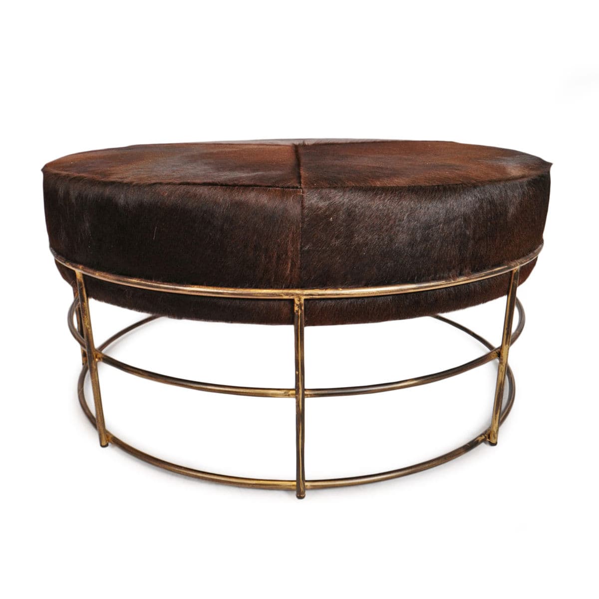 Bronze Iron & Cow Hide Round Ottoman - Thumbnail 3